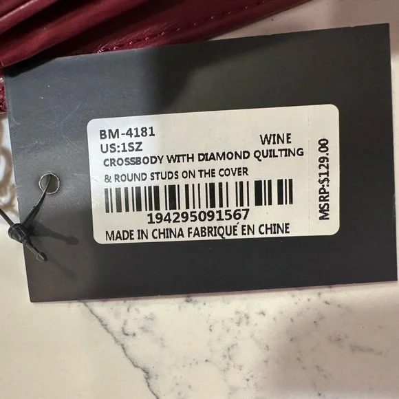 Badgley Mischka Quilted Crossbody Bag Designer Purse with Studs; Color - Wine - Picture 7 of 7